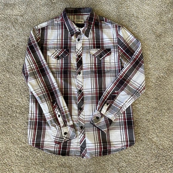 Distillery plaid black stitching button down long sleeve shirt. Men’s size Large - Picture 3 of 11